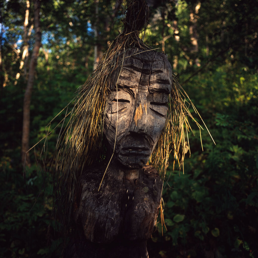 Birch sculpture with coins inserted to bring luck